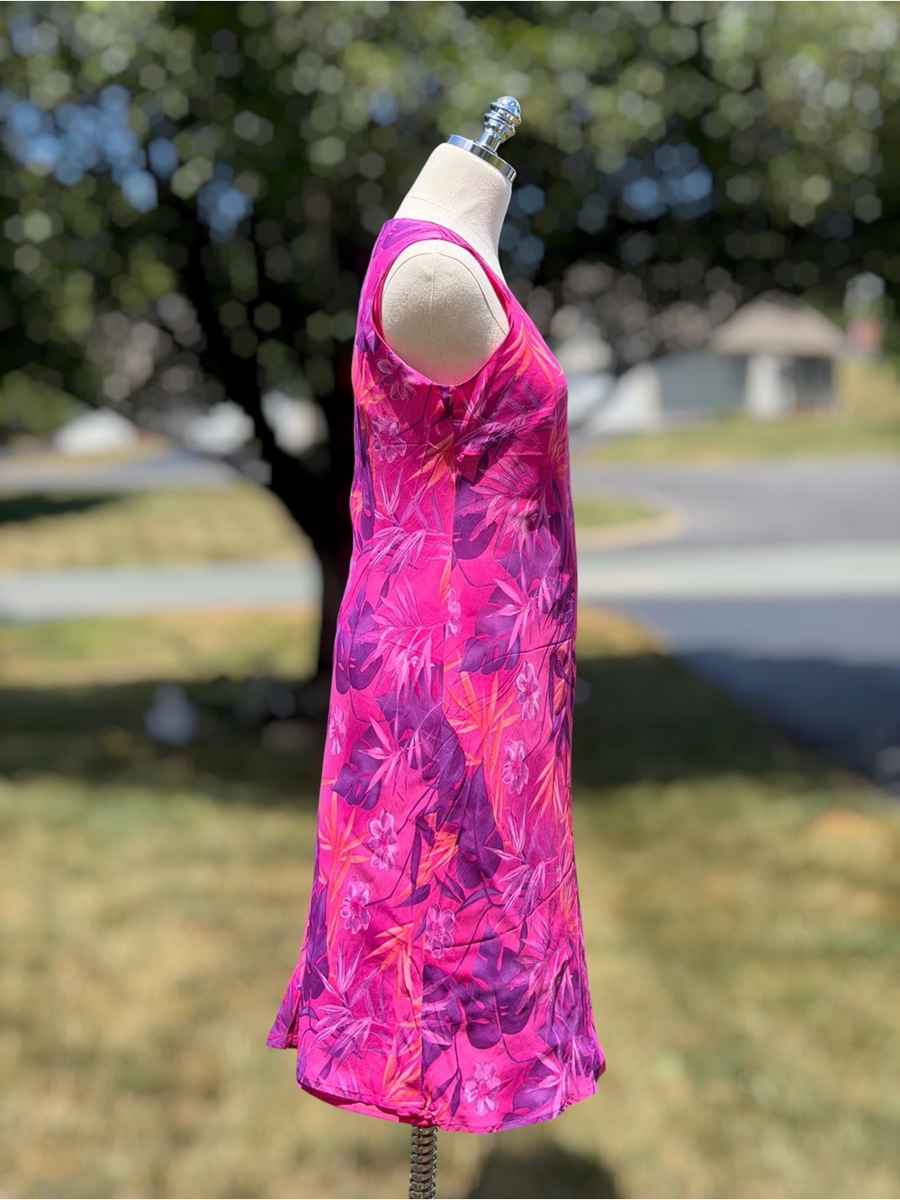 Vintage 90s Evan Picone Tropical Floral Pink Rayon Sleeveless Midi Dress Resort - Picture 8 of 9